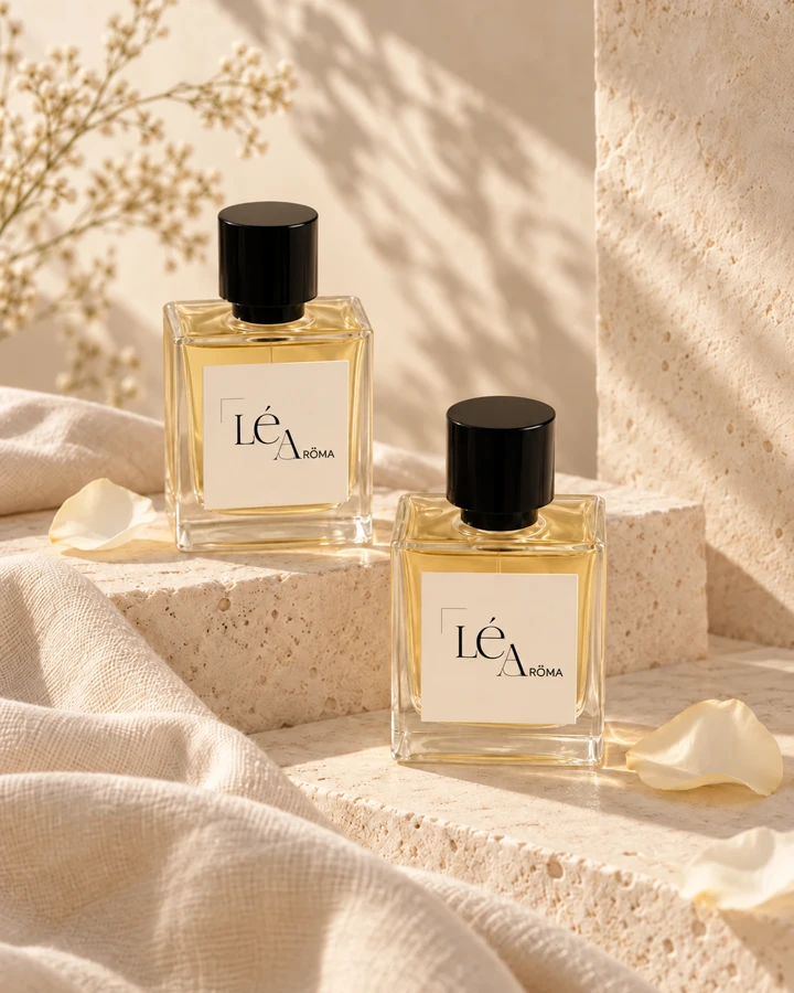 Perfumes Lé Aröma en una composición de piedra y lino